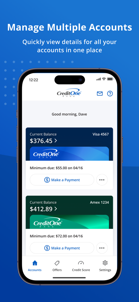 Credit One Bank mobile app dashboard showing multiple account balances and payment options on an iPhone