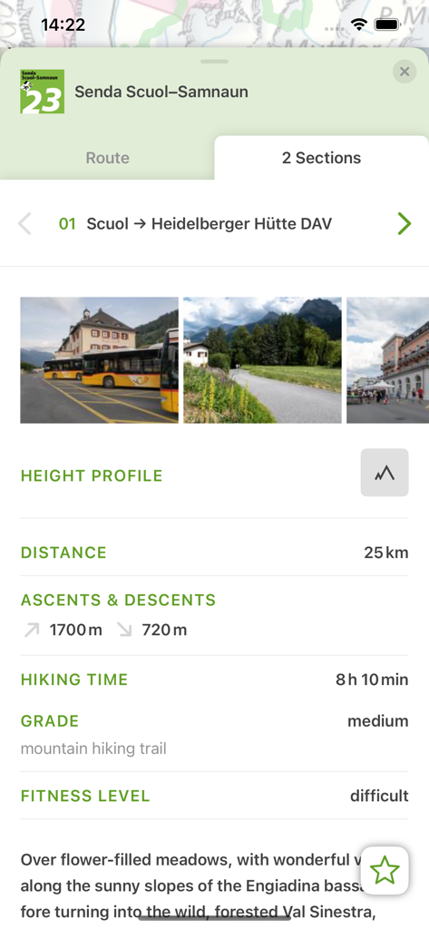 Detailed information for a mountain hiking route in Switzerland showing distance elevation and difficulty level