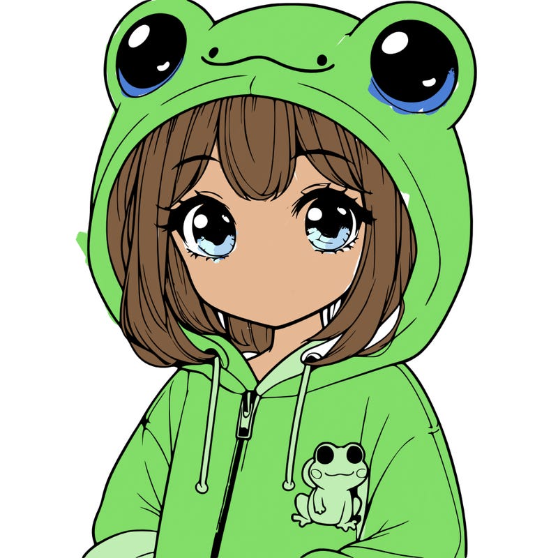 cute realistic girl in a froggy hoodie
