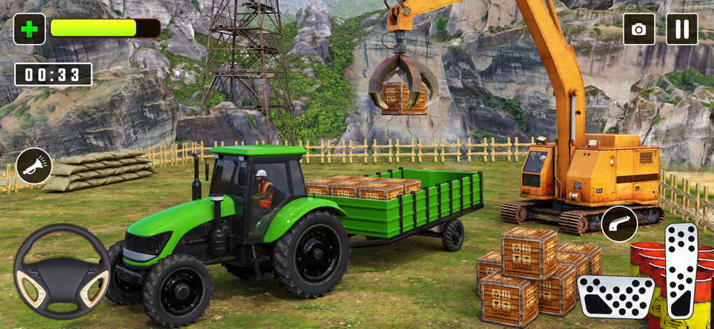 Tractor Games Trailer Pull 3D - Um guindaste amarelo carregando caixas de madeira em um reboque de trator verde em um jogo de simulação 3D