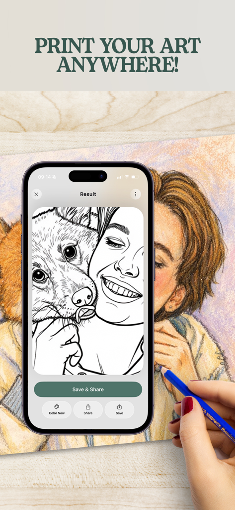 Flow-Coloring Book for Adults - iPhone displaying a line art conversion of a woman and dog photo next to a physical printed copy being colored by hand