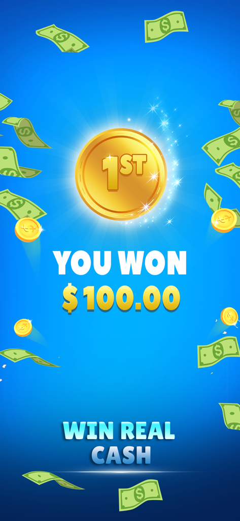 Pantalla de victoria de Blocks Blast mostrando un premio en efectivo de 100 dólares y una moneda de oro de primer lugar