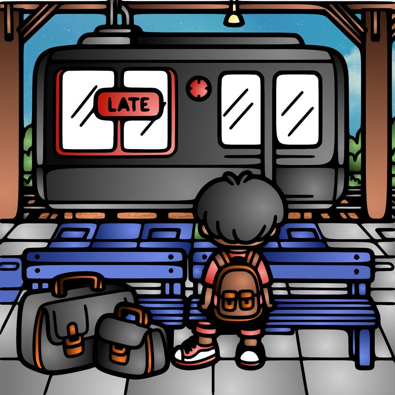 sitting at the train station with a few bags waiting on the train which is late