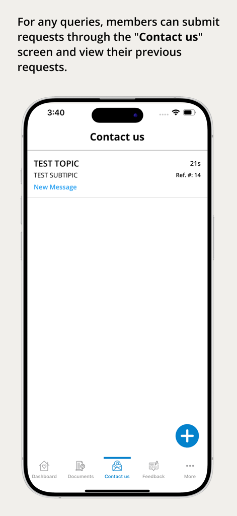 Screenshot of the Cosmos Insurance app Contact Us interface showing a list of support requests and a button to create a new query