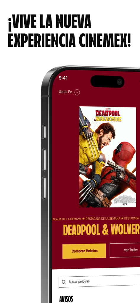 Interfaz de la aplicación móvil de Cinemex mostrando el póster de una película y opciones de reserva de entradas