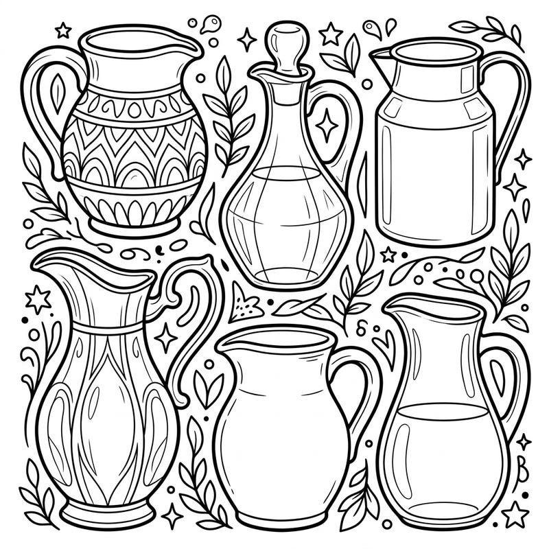 Dive into a world of creativity with this charming coloring page featuring a delightful collection of pitchers and carafes. Designed specifically for kids aged 4-8, it offers balanced line weights and engaging details for an enjoyable coloring experience.