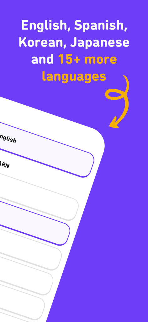 Screen showing available languages in the iSpeak app including English Spanish Korean and Japanese