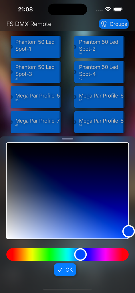 Pantalla de la aplicación FreeStyler DMX Remote mostrando la selección de aparatos y el selector de color