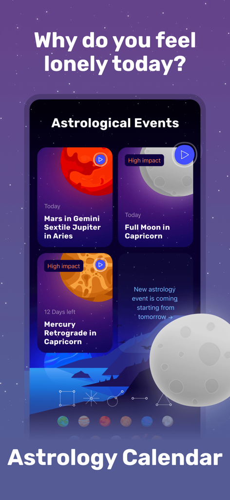 Zodiac Sign Horoscope－Love Lab - Love Lab app astrology calendar interface showing celestial events like Full Moon and Mercury Retrograde