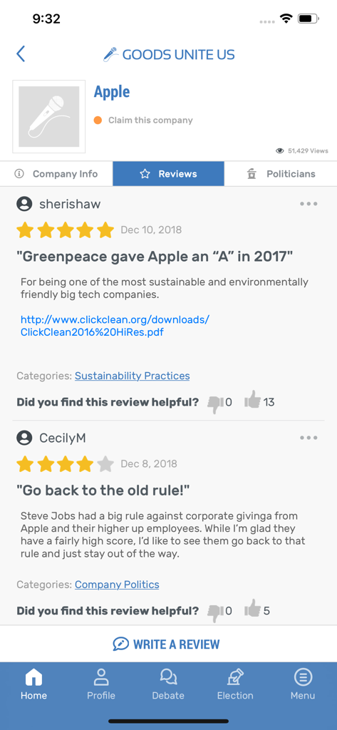 Avaliações de usuários para a Apple no aplicativo móvel Goods Unite Us
