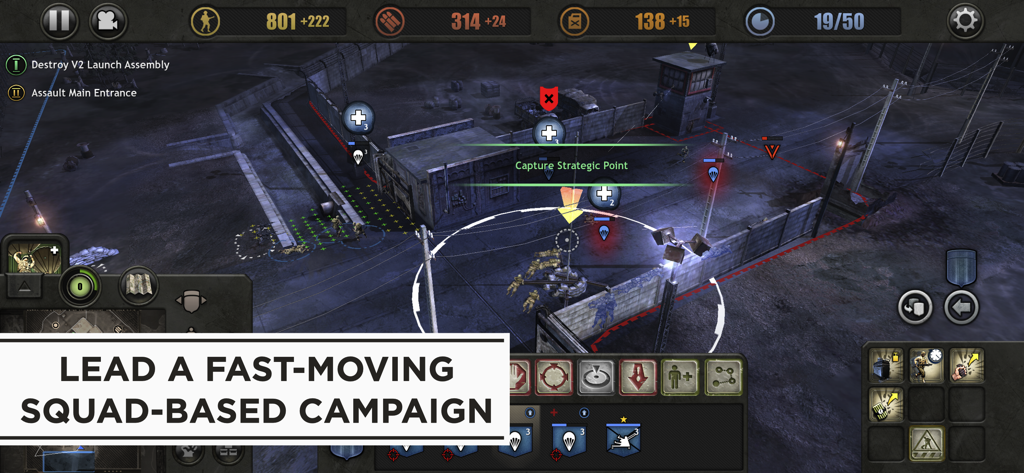 Company of Heroes - Tactical squad based gameplay in Company of Heroes mobile showing a night mission and command interface.
