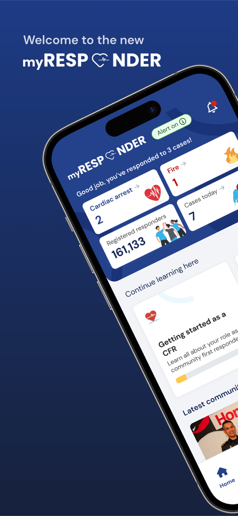 myResponder - The myResponder app home screen showing emergency alerts and community responder statistics.