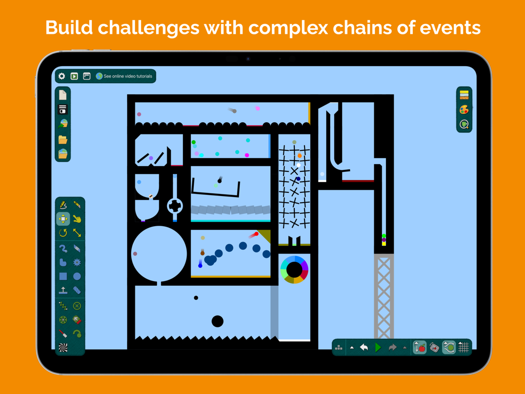 iPad screen displaying Algodoo app with a complex physics chain reaction machine and creative building tools