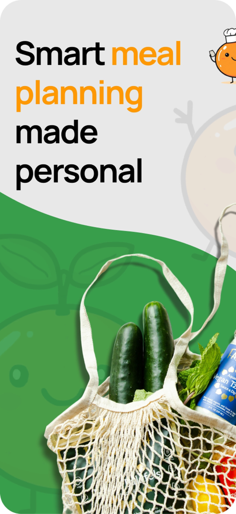 MealMatch AI: Meal Planner - Introductory screen for MealMatch AI featuring the text Smart meal planning made personal and a mesh bag filled with fresh vegetables.
