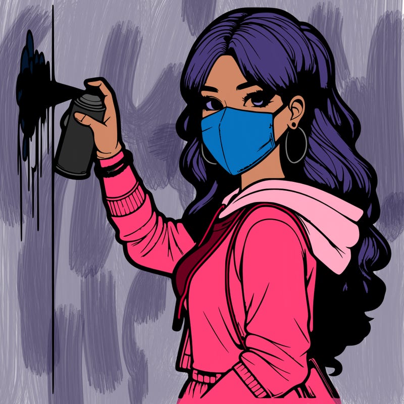 realistic girl with mask spray painting a wall