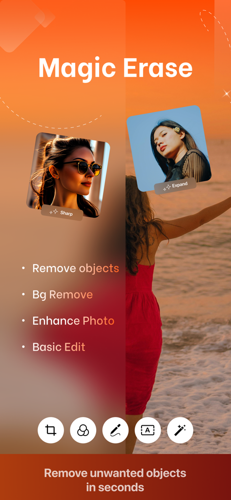 Photo Retouch Remove Objects - Captura de tela do aplicativo mostrando os recursos de apagar mágico e remoção de objetos para edição profissional de fotos