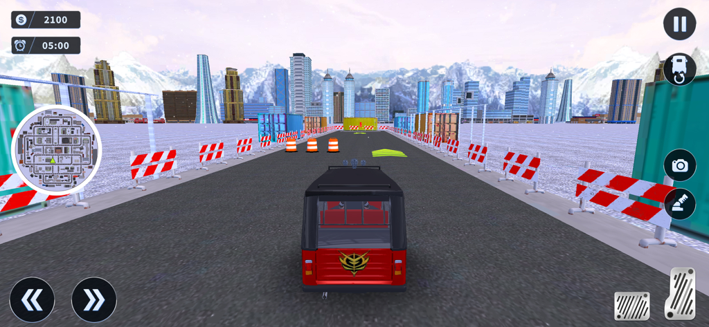 Tuk Tuk Rickshaw Simulator - Third person view of a red rickshaw driving through a city with skyscrapers and snowy mountains in the background