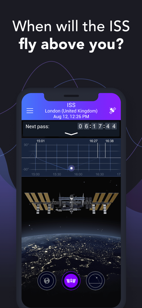 Satellite Tracker by Star Walk - Mobile app interface showing a countdown timer for the next International Space Station flyby and a 3D model orbiting Earth.