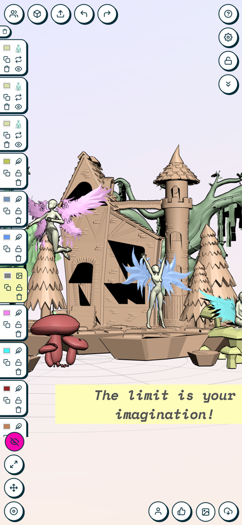 JustSketchMe app interface showing a 3D fantasy scene with winged character models for artistic reference.