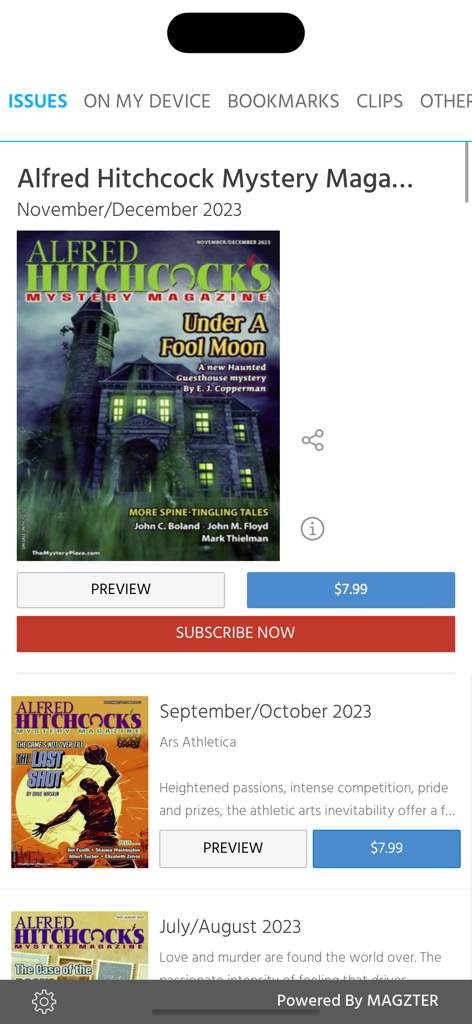 Alfred Hitchcock Mystery Mag - Digital issues list of Alfred Hitchcock Mystery Magazine with covers and subscription buttons