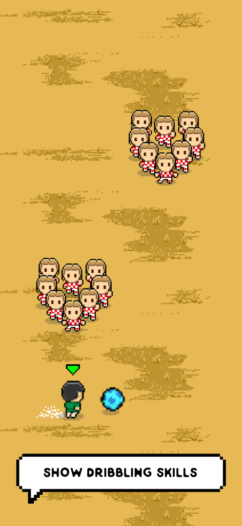 Pixel art soccer player dribbling a glowing blue ball past opponents in a match