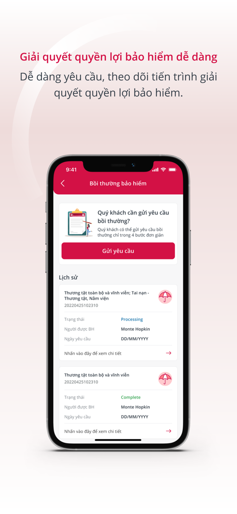 AIA+ - AIA plus mobile app screen showing insurance claim history and request process