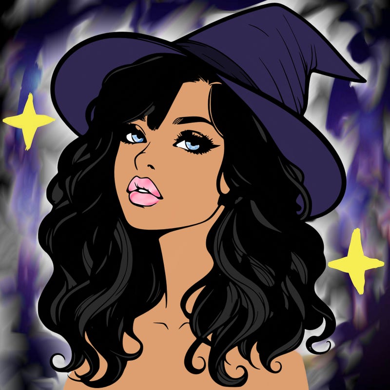 realistic witch girl with wavy hair and lips