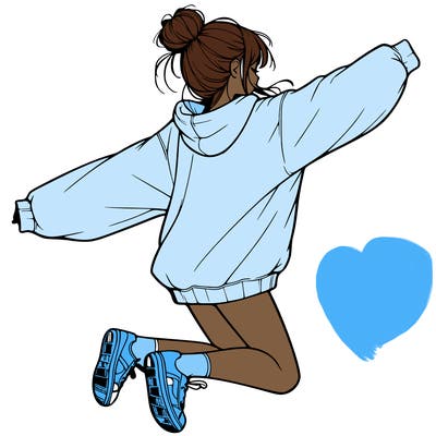 realistic girl jumping with a bun and oversized sweatshirt