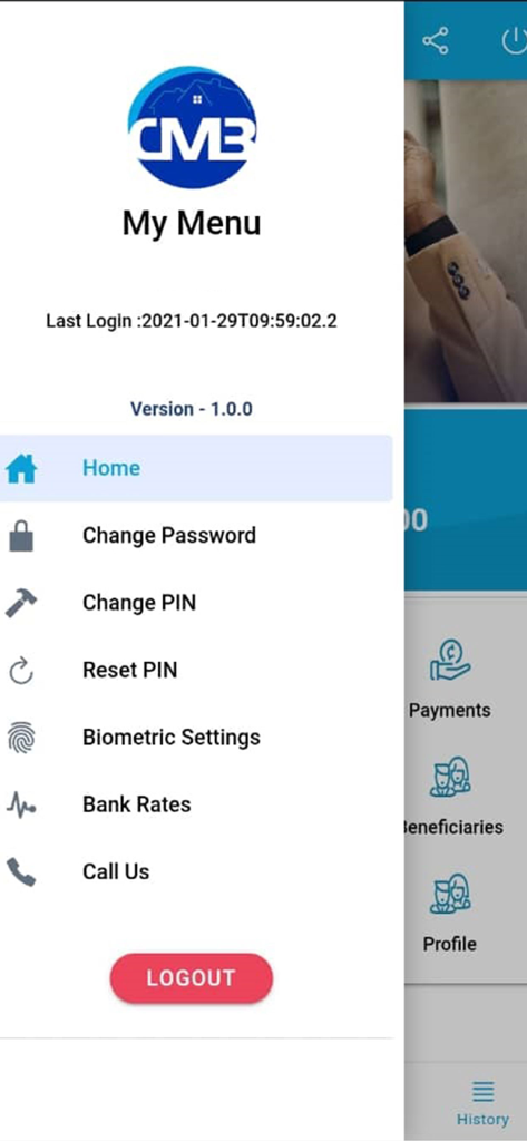 CMB Mobile App - Menú lateral de CMB Mobile App que muestra opciones de navegación como Cambiar Contraseña, Configuración Biométrica y Tasas Bancarias.