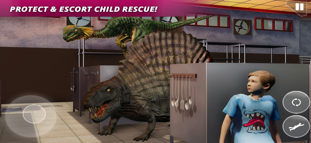 Dinosaur Hunting Jurassic Zone - A boy hides from a Spinosaurus and Dilophosaurus in a kitchen during a rescue mission in Dinosaur Hunting Jurassic Zone.