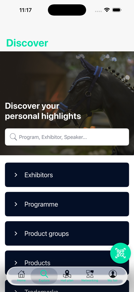 spoga horse - Discover screen of the spoga horse app showing search bar and trade fair categories like exhibitors and products