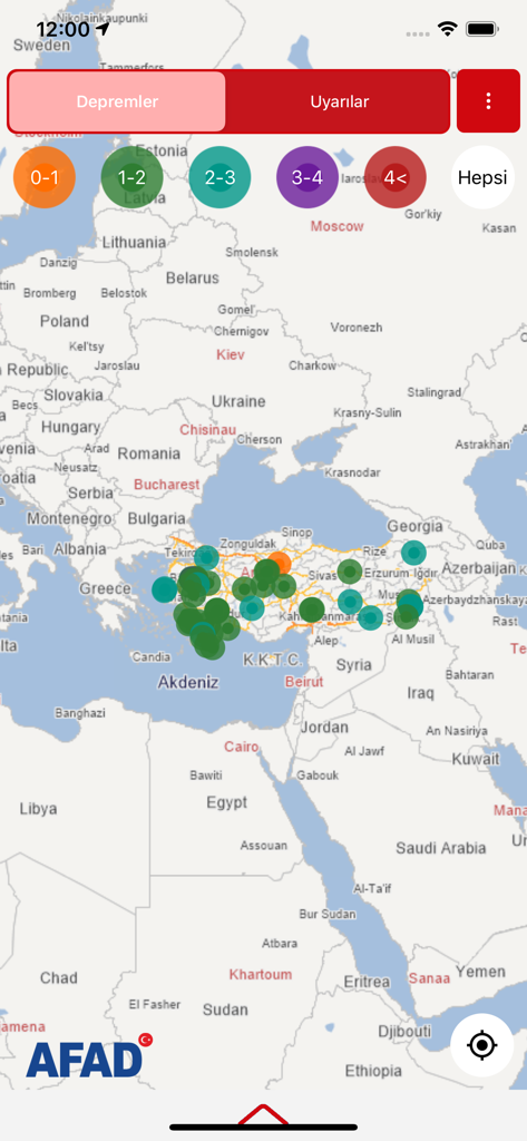 eAfad - Earthquake tracking map on the eAfad mobile application interface showing seismic activity in Turkey