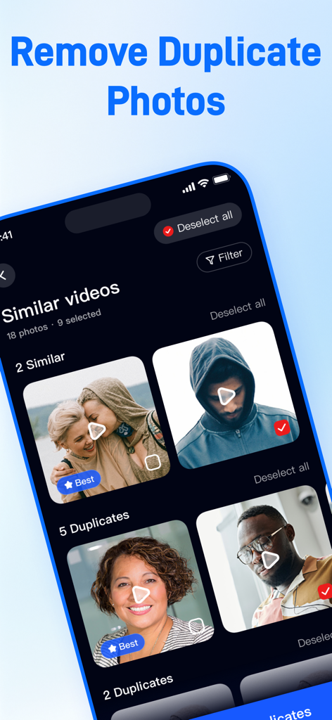 AI Cleaner Optimize Storage - AI Cleaner app interface showing how to identify and remove similar videos and duplicate photos.
