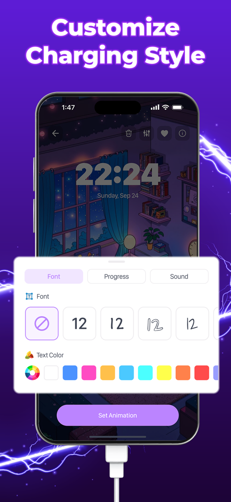 3D Charging Effect Wallpaper - Interface showing font and color customization for phone charging animations