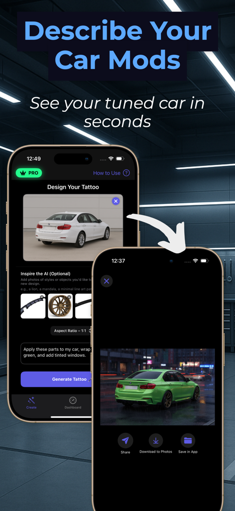 Car Mod & Tuning AI - Paul - Interfaz de la aplicación que demuestra la modificación de un coche de un sedán blanco de serie a una versión tuneada en verde usando IA