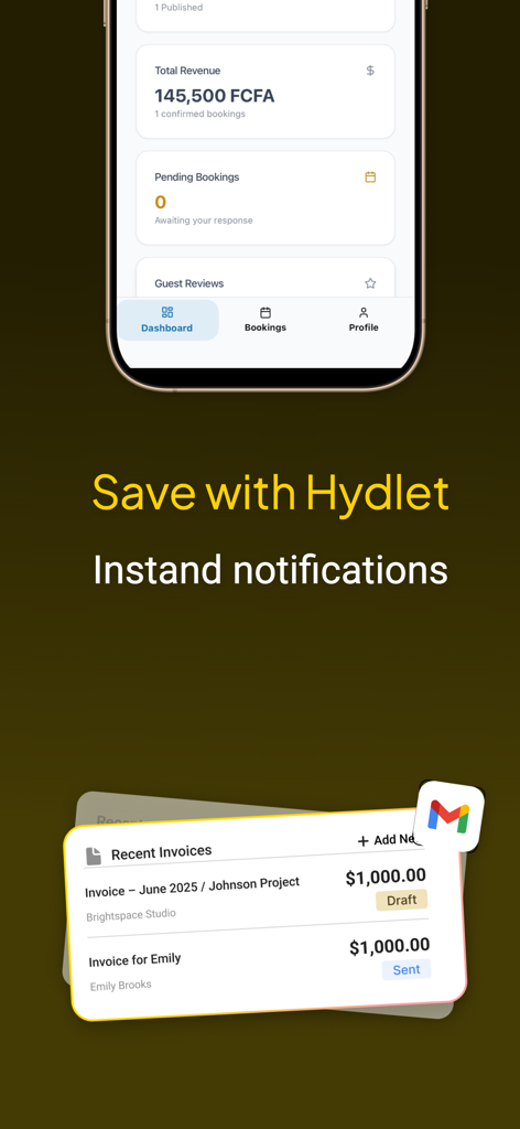Hydlet - Panel de anfitrión de Hydlet que muestra el resumen de ingresos, reservas pendientes y notificaciones de facturas recientes