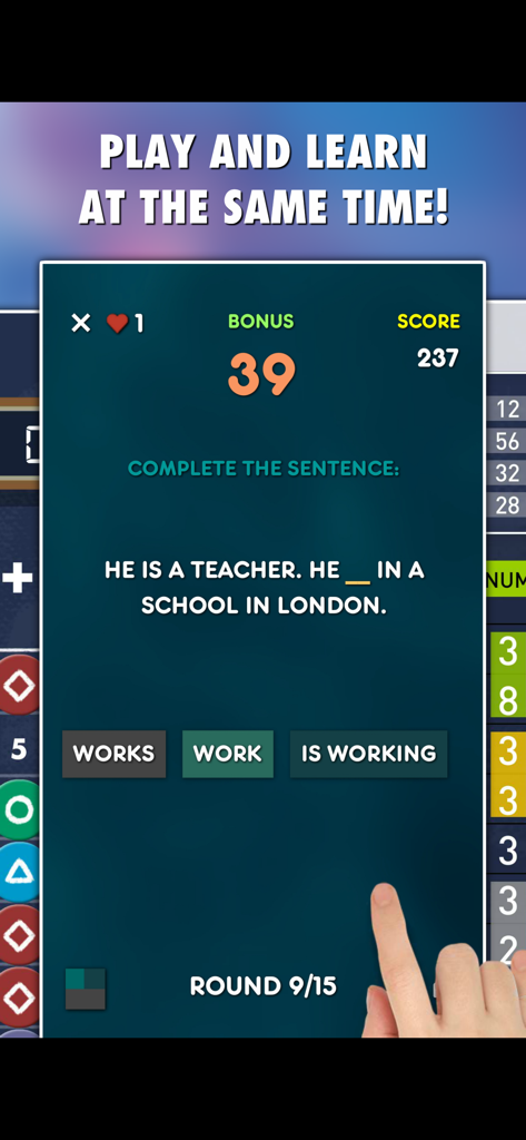 Word Games 101-in-1 - Una captura de pantalla de un juego de prueba de gramática inglesa donde un usuario completa una oración en la app Word Games 101-en-1.