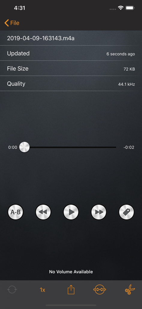 RecorderHQ playback screen displaying file information and editing buttons