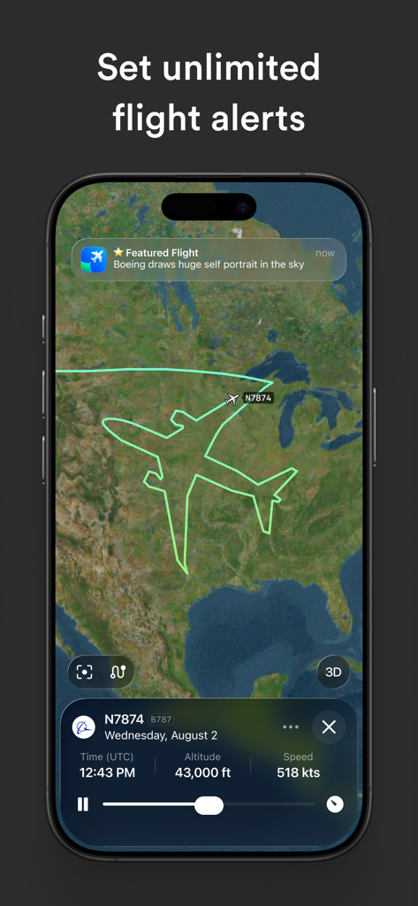 Captura de tela do iPhone do aplicativo Plane Finder mostrando um alerta de rota de voo personalizado sobre o mapa dos EUA