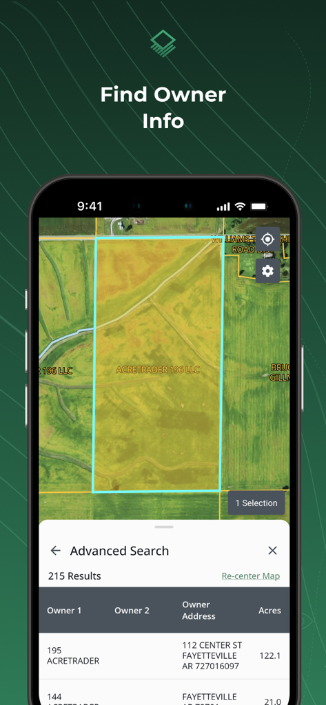 Acres: Land Data & Parcel Maps - 衛星マップに土地所有者の名前と物件区画の詳細を表示するAcresアプリのインターフェイス