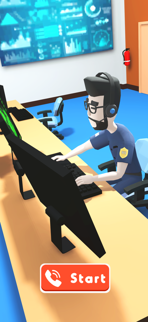 アニメーション化された911 dispatcher キャラクターがコンピューターデスクでゲームを開始する準備ができている様子