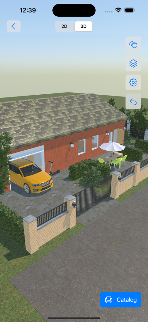 3D exterior view of a house with a yellow car and patio area in the 4Plan app