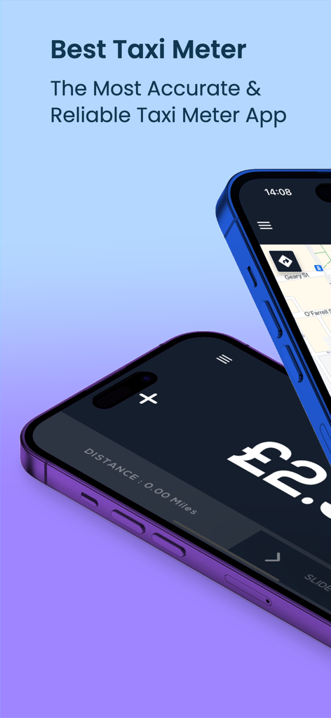 Best Taxi Meter app interface showing fare and map on two iPhones
