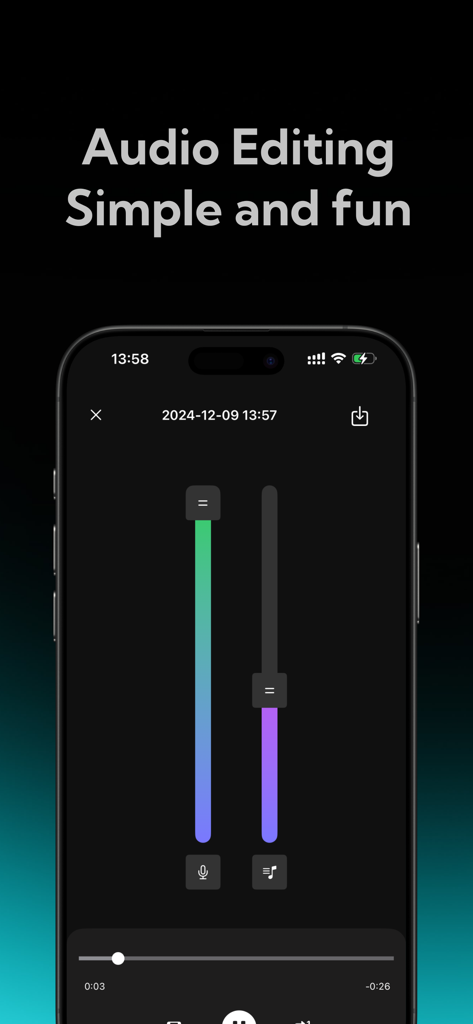 Interface d'application mobile avec des curseurs verticaux pour ajuster les niveaux de volume des voix et de l'accompagnement.