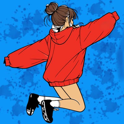 realistic girl jumping with a bun and oversized sweatshirt