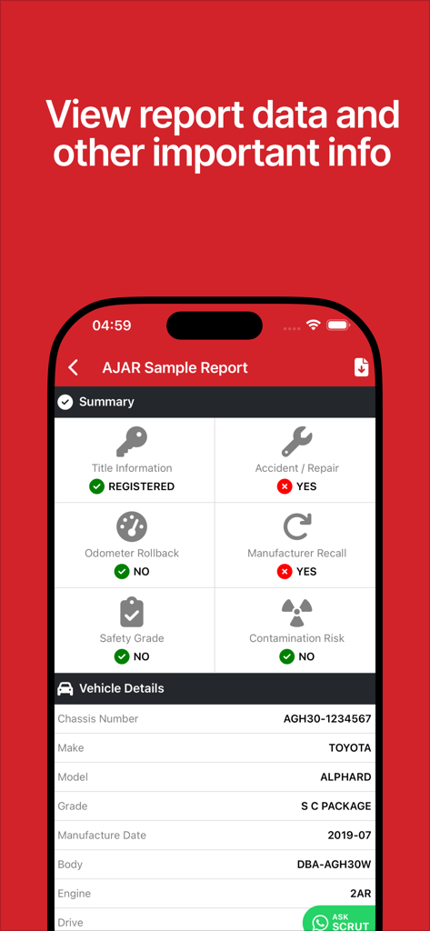 SCRUT - Mobile app interface displaying a car history report summary including accident records and vehicle details.