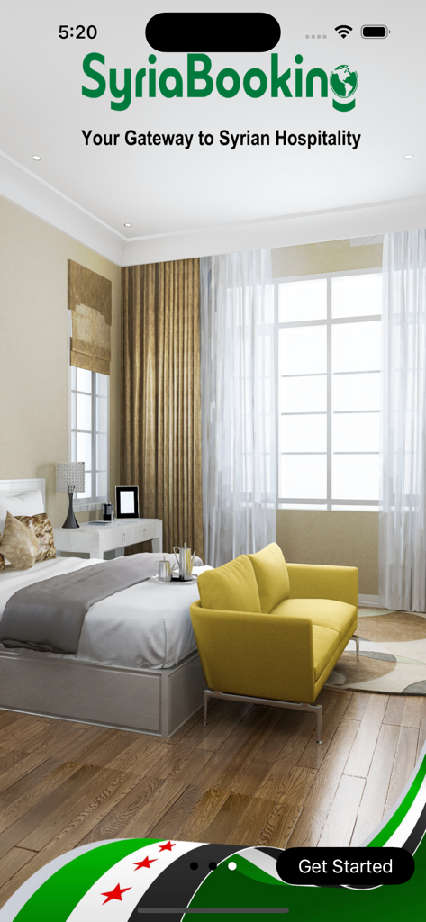 SyriaBooking - SyriaBooking app splash screen showing a modern hotel room and the tagline Your Gateway to Syrian Hospitality.