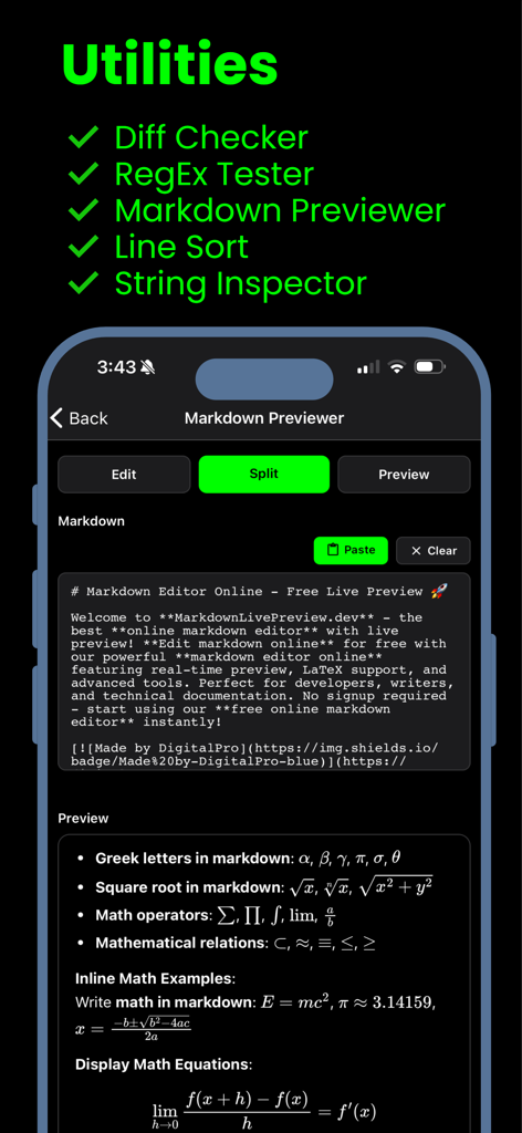 Interface of the DevKit app showing the Markdown Previewer utility with split view for editing and live previewing code and math equations.