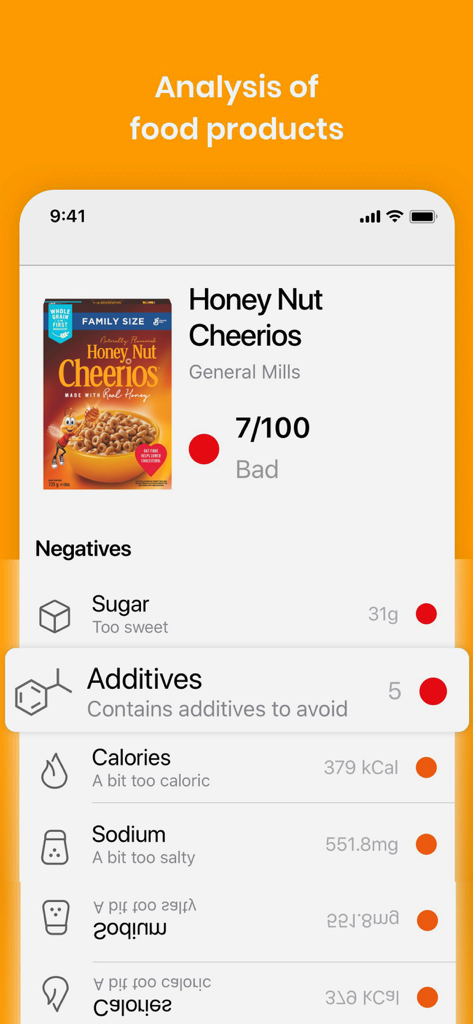 Yoka Ai app interface displaying a poor health rating and nutritional breakdown for a box of cereal