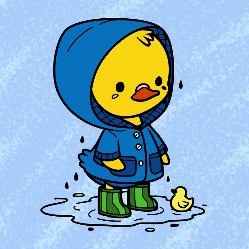 baby duck in a rain coat and boots, in a puddle while it’s raining